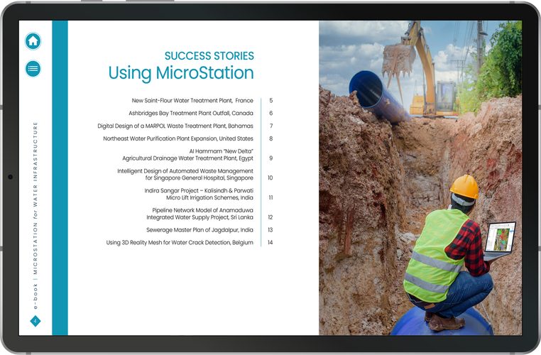 A tablet displays a document titled "Success Stories Using MicroStation" on the left, and an image of a construction worker using a tablet near heavy machinery involved in water infrastructure projects on the right.