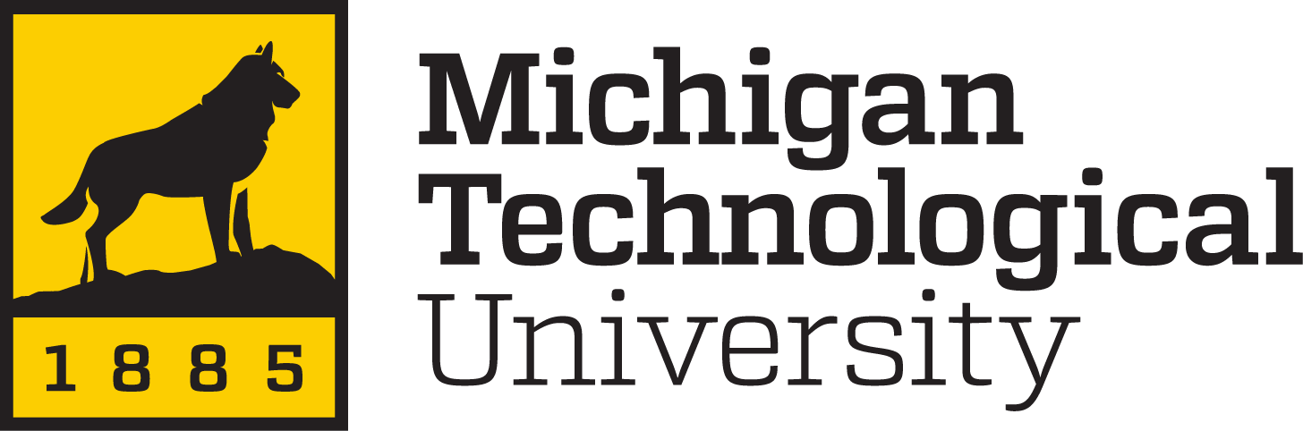Michigan Technological University logo with a black dog silhouette on a yellow background and the year 1885.