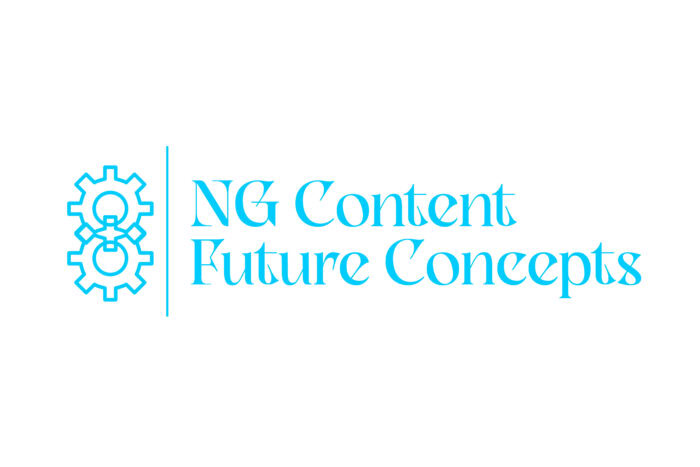 Logo with two blue gear icons on the left and the text "NG Content Future Concepts" in a blue stylized font on a white background, representing innovative ideas from NG Content.