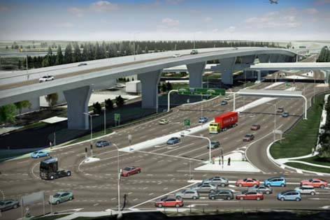 A multi-level highway interchange with overpasses, numerous vehicles, and traffic lights exemplifies infrastructure excellence.