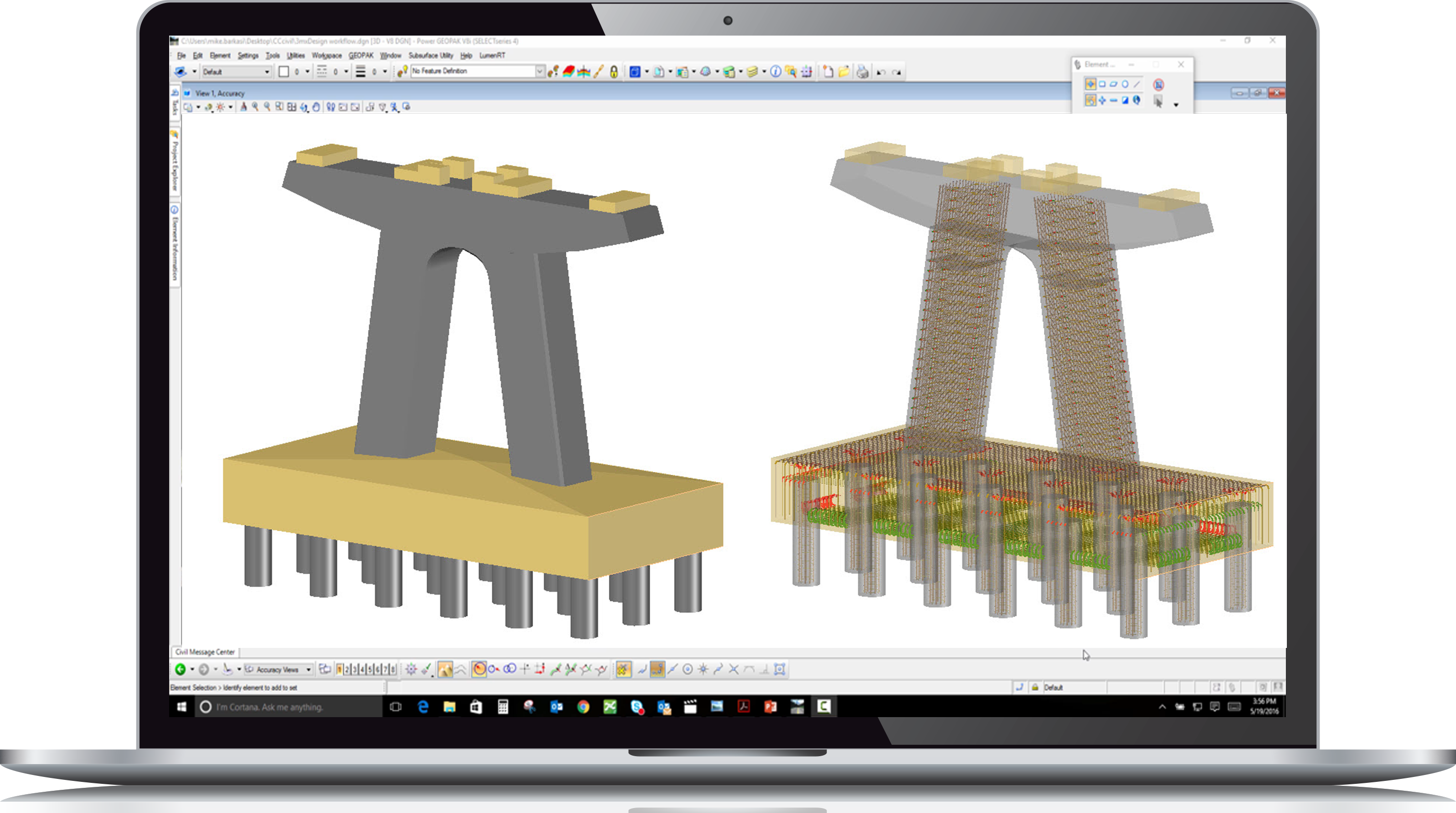 3D CAD models of civil engineering structures, including detailed cross-sectional views showing internal components, displayed on a computer screen.