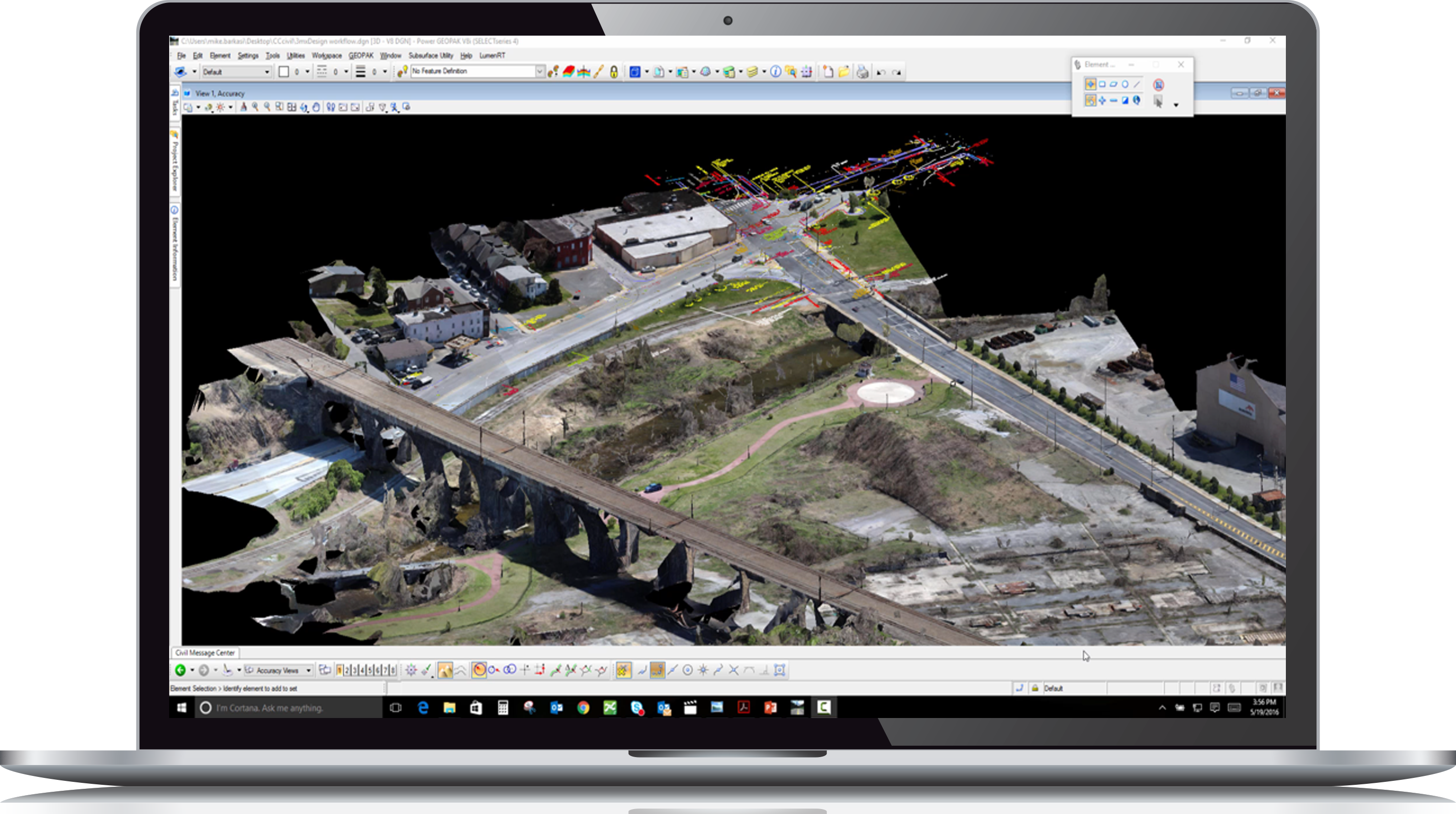 Civil engineering software displaying an aerial view of an urban bridge and surrounding infrastructure with overlaid analytical data.