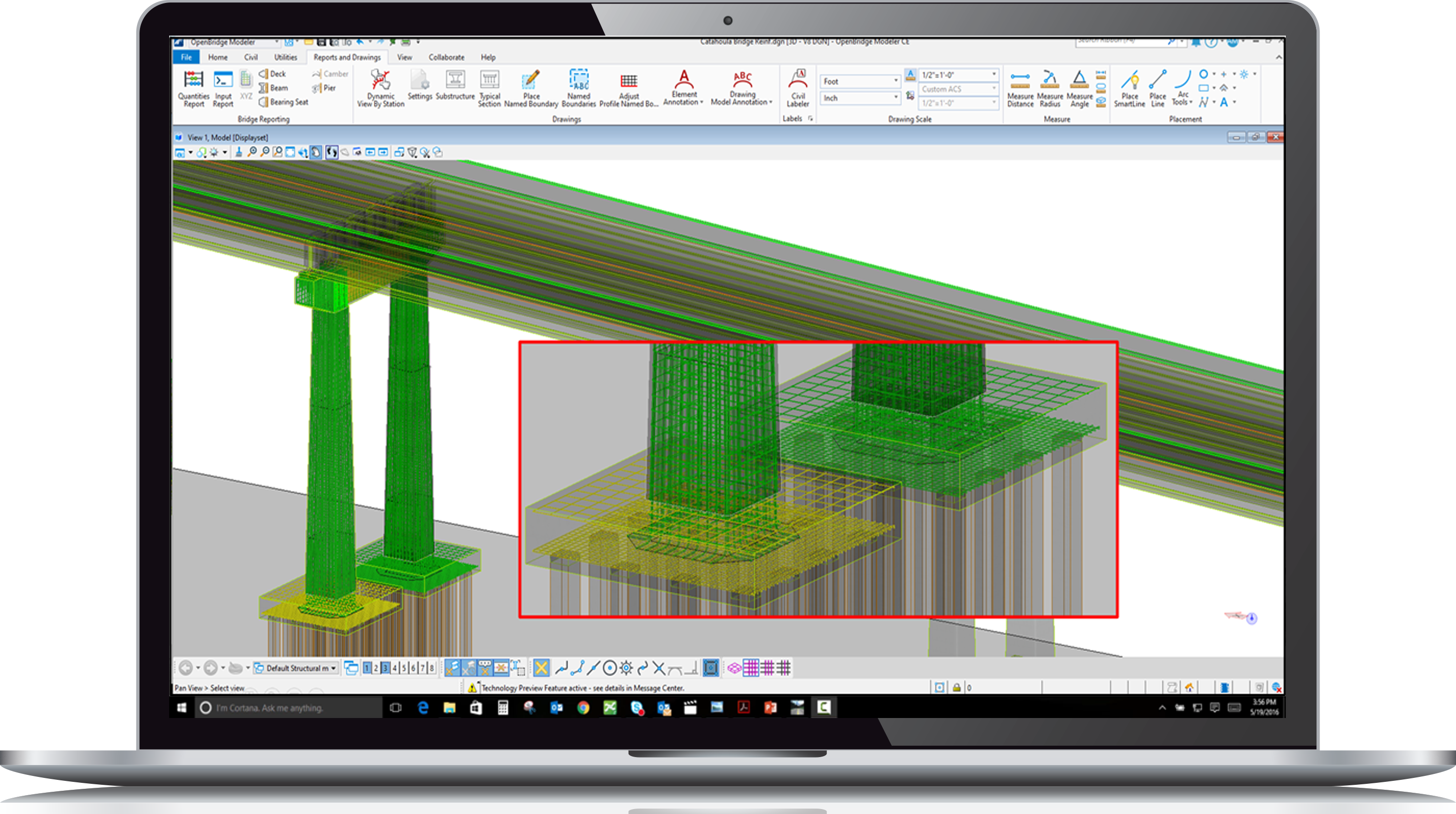 Civil engineering software on a laptop screen displaying a detailed model of building foundations and columns.