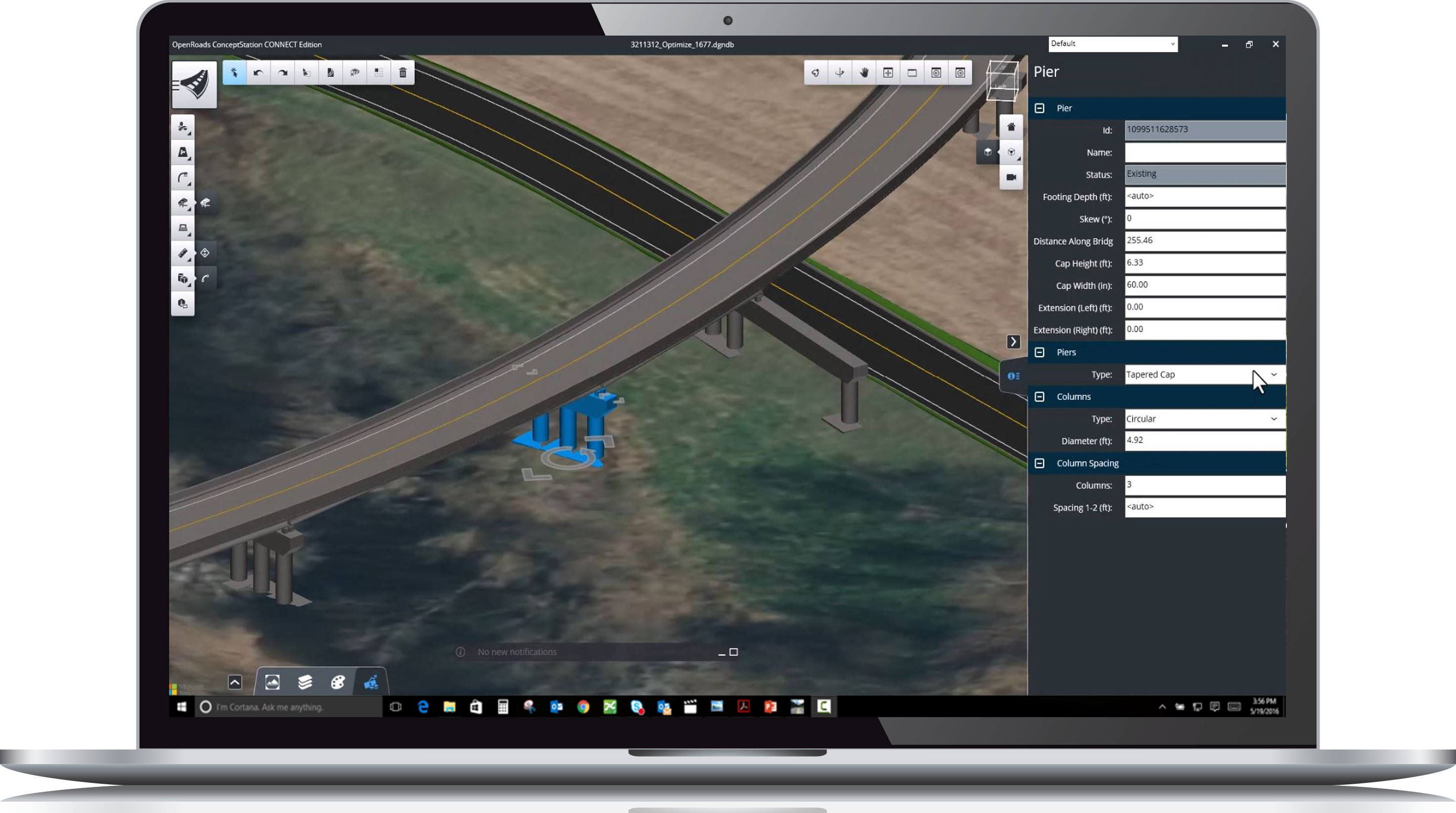 A screenshot of a computer screen displaying a Civil WorkSuite interface, focused on constructing a highway overpass with editing tools visible.