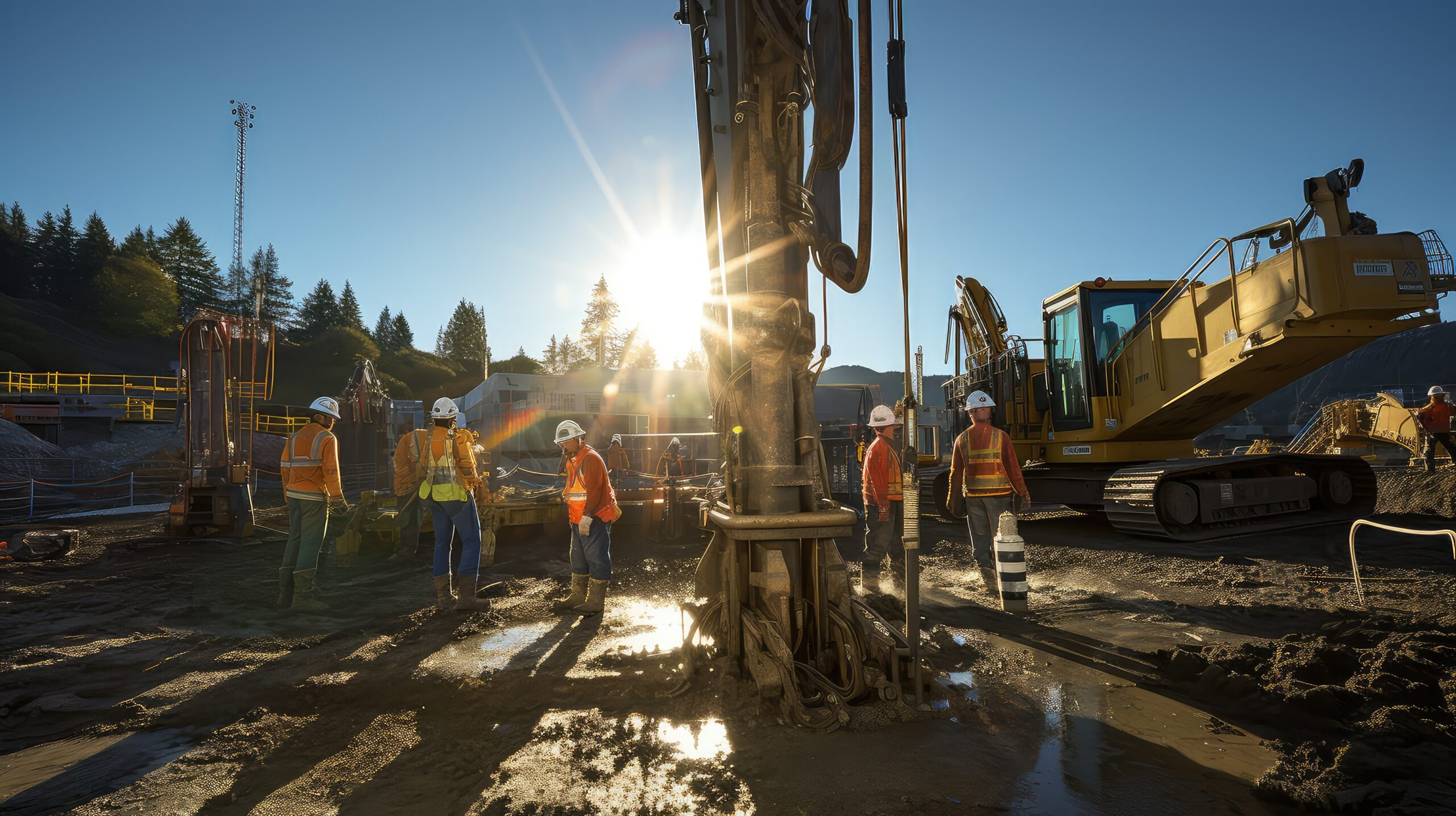 Construction workers operate drilling machinery at a sunlit construction site.
