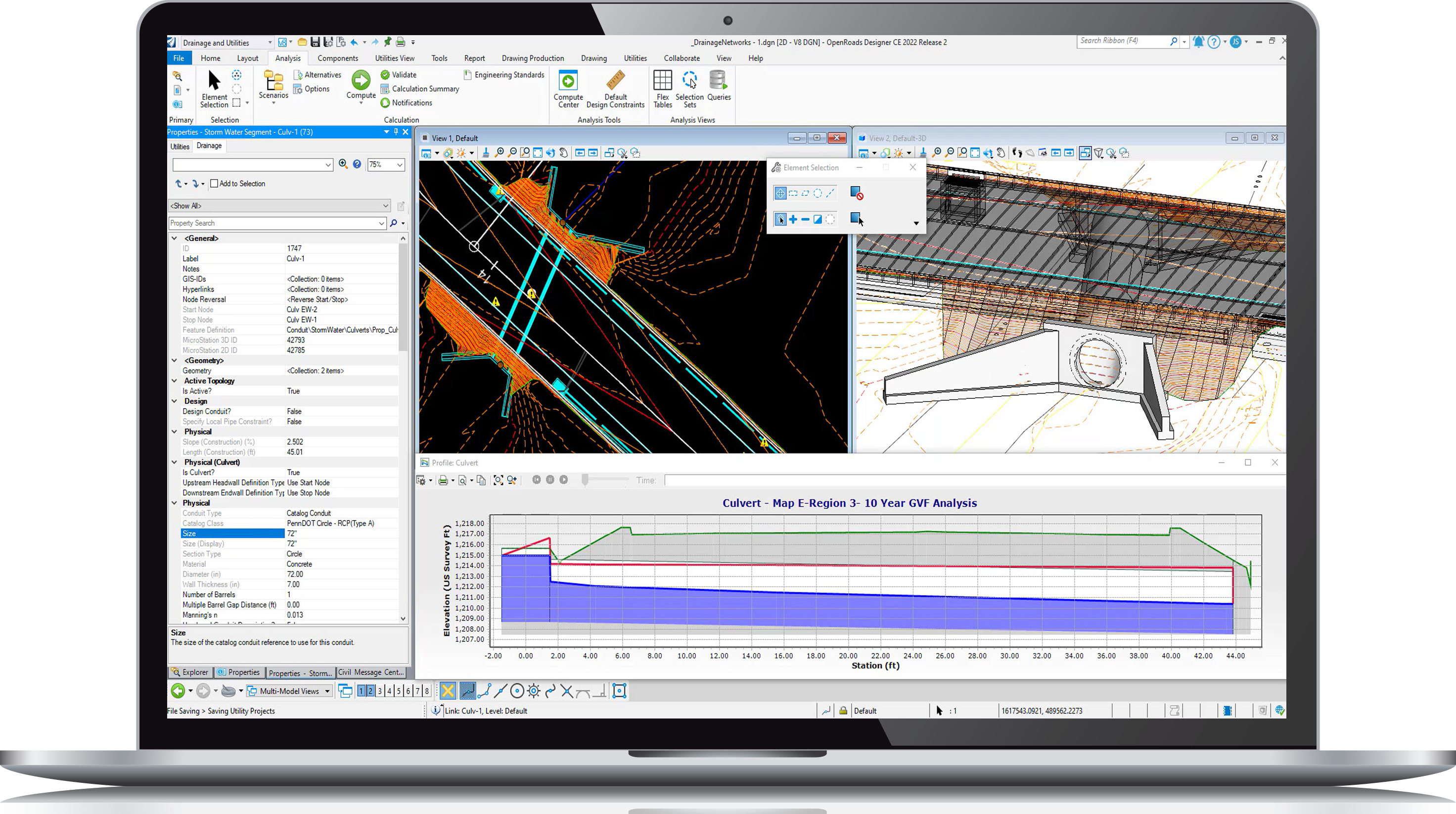 Laptop screen displaying civil engineering software with multiple windows open, showing 3D structural designs and graphical data analysis.