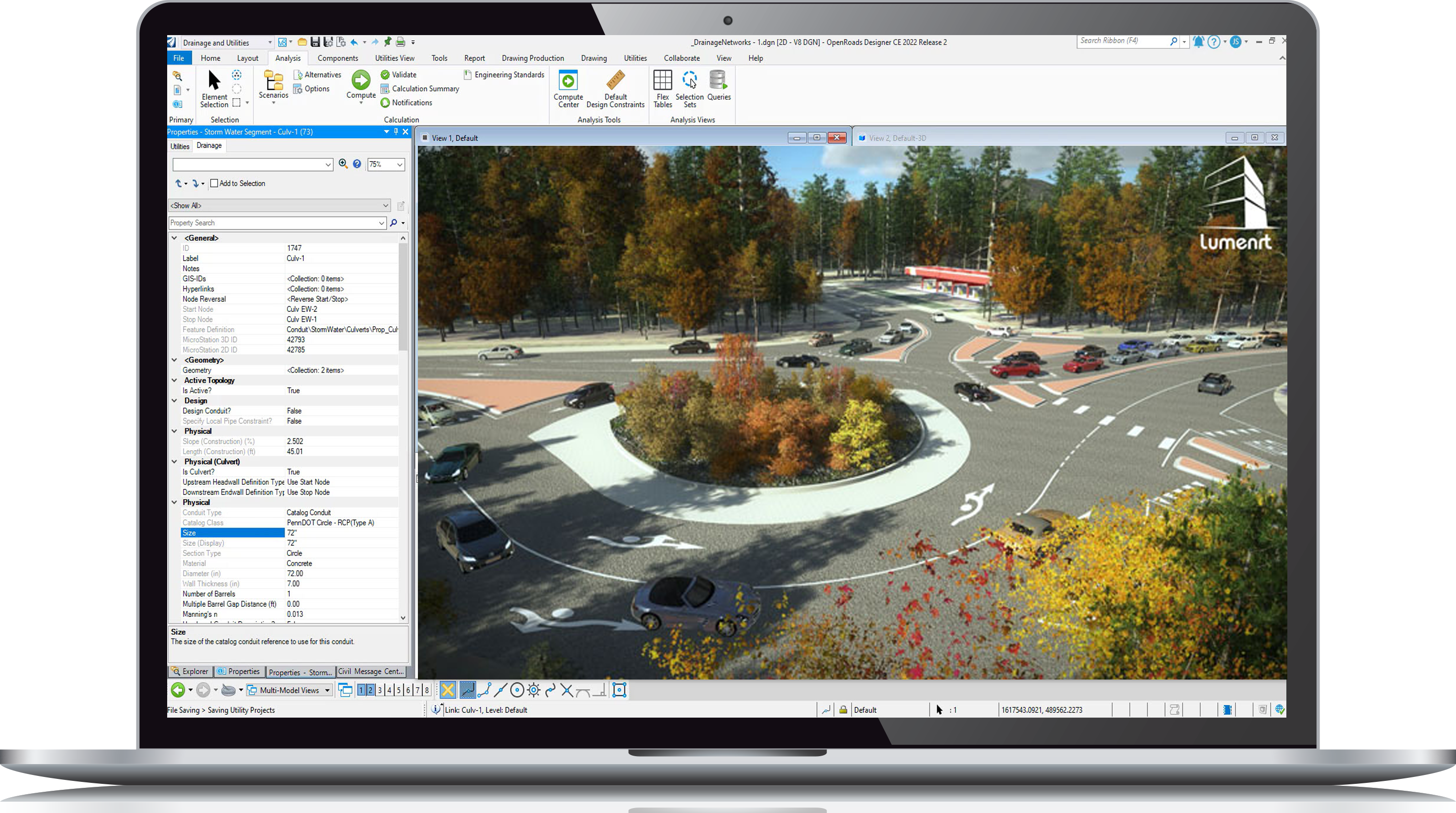 A computer screen displaying a civil engineering software interface, showing a roundabout with vehicles and surrounding landscape.