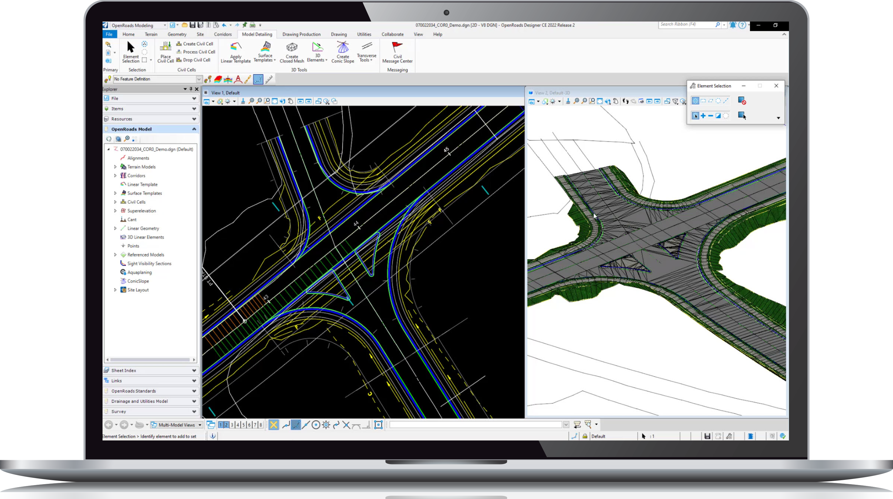 Computer screen displaying a civil worksuite with a detailed design view of road intersections and traffic management overlays.