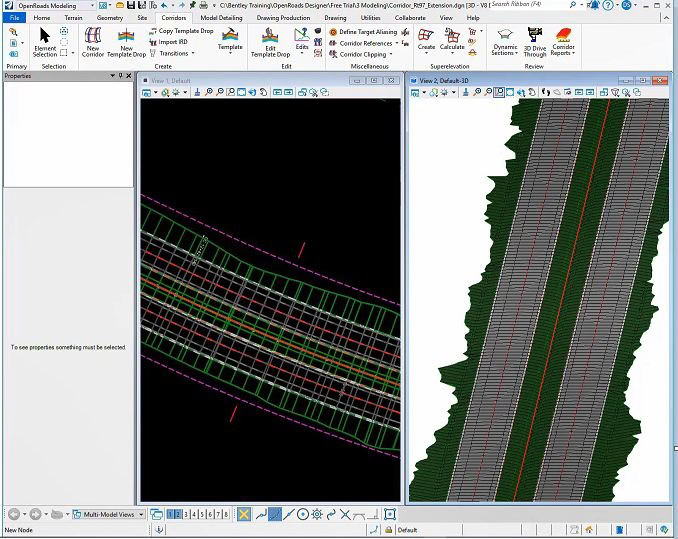 Split-screen interface of roadway design software reveals a precise revision process. The left side displays grid lines while the right offers an aerial view with lush green surroundings. A toolbar, complete with icons for seamless navigation, sits prominently at the top.