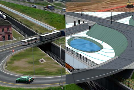 Split image showing a completed highway overpass with vehicles on the left and a digital rendering of the same structure during construction on the right, highlighting our commitment to delivering infrastructure excellence.