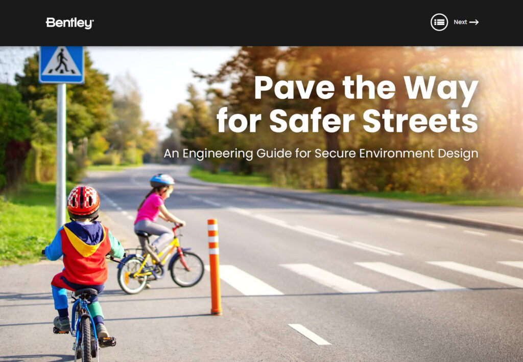 Two children on bicycles stop at a pedestrian crossing in an urban setting. Safety signs and a safety guide title highlight the importance of creating safer streets, paving the way for a secure journey ahead.