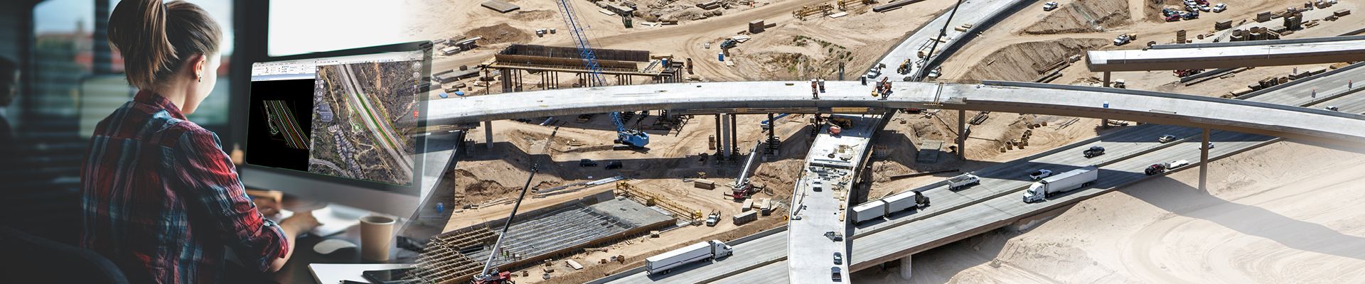 A person works on a computer with engineering software, while an aerial view showcases an active freeway construction site. The scene exemplifies excellence in infrastructure as multiple overpasses and vehicles highlight the bustling activity of a top-tier construction project.