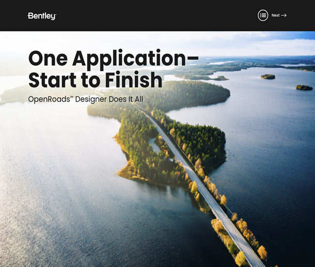 Aerial view of a long bridge crossing a series of islands in a lake, featured in an OpenRoads Designer ad with the title "One Application—Start to Finish.