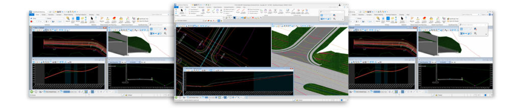 Multiple computer monitors displaying various design software screens with intricate roadway designs and graphs.
