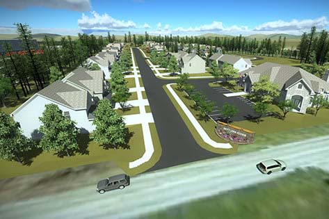 Aerial view of a suburban neighborhood with houses lined along a main road, trees scattered throughout, and two vehicles on an adjacent road, showcasing excellent infrastructure.