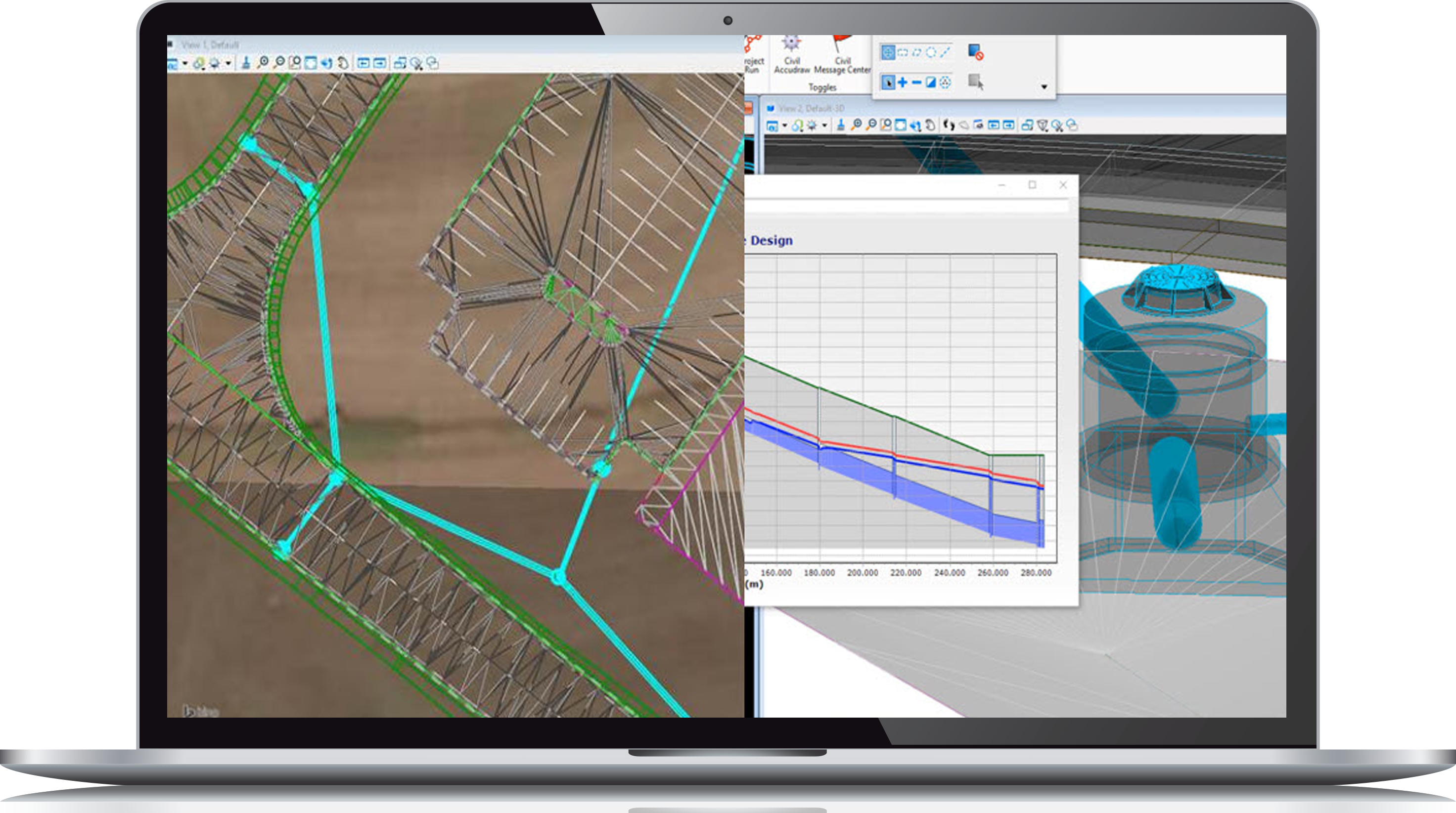 A computer screen displaying Civil WorkSuite software with a detailed 3d design of a mechanical object alongside graphs plotting design specifications.