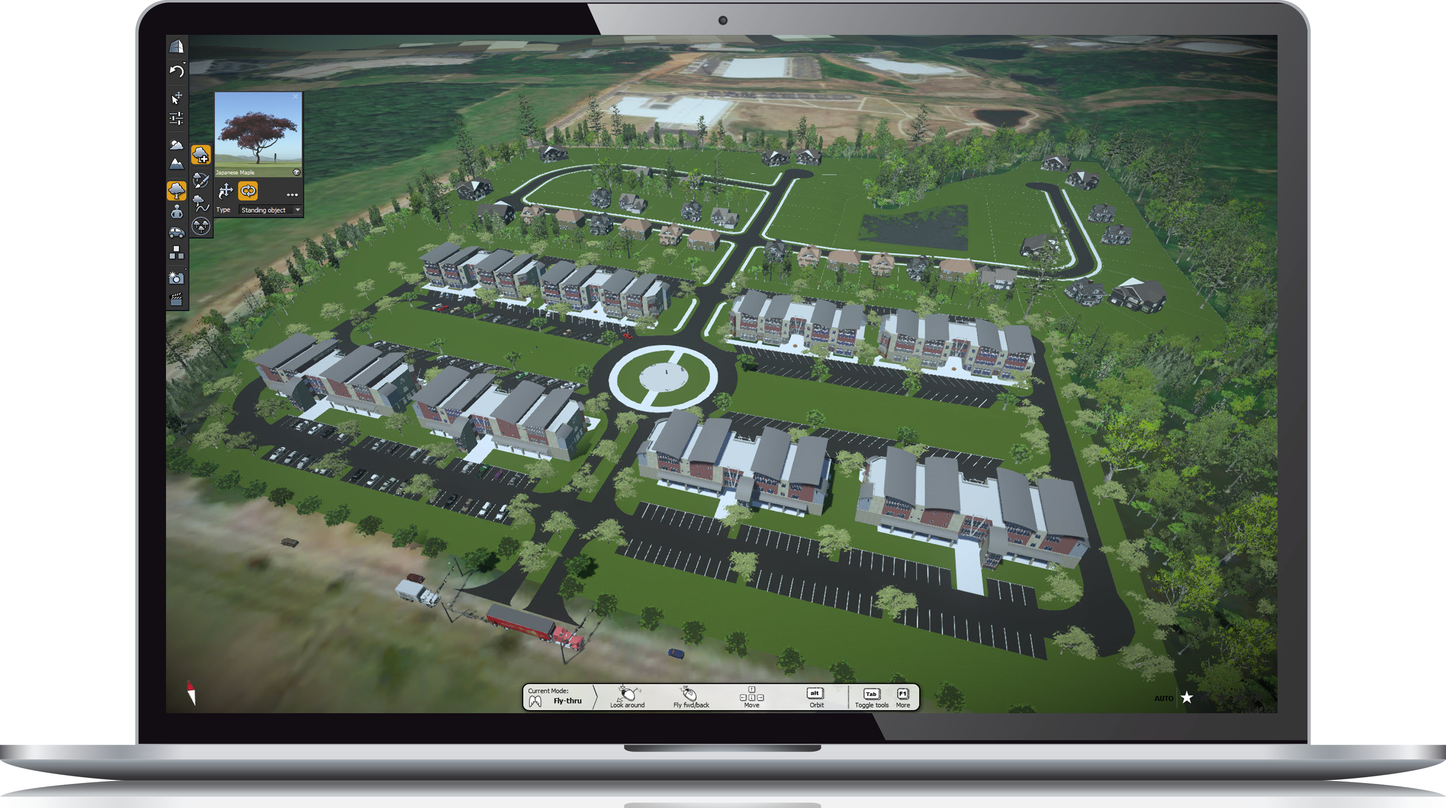 3d rendering of a residential land development displayed on a laptop screen, featuring rows of houses, a central park, and surrounding greenery.