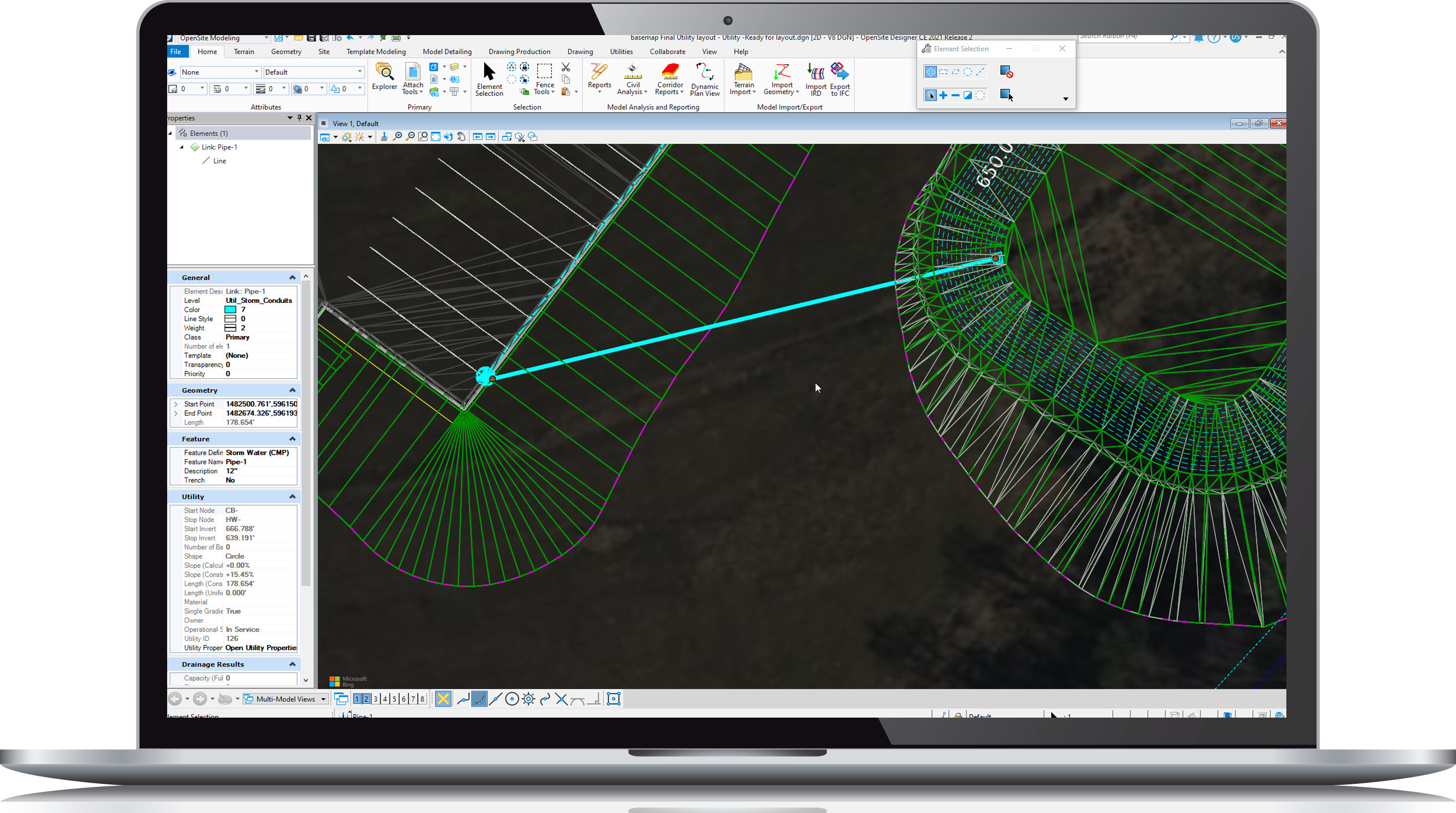 A computer screen displaying a civil worksuite interface with a detailed 3D model of green circular structures and connecting lines on a dark background.