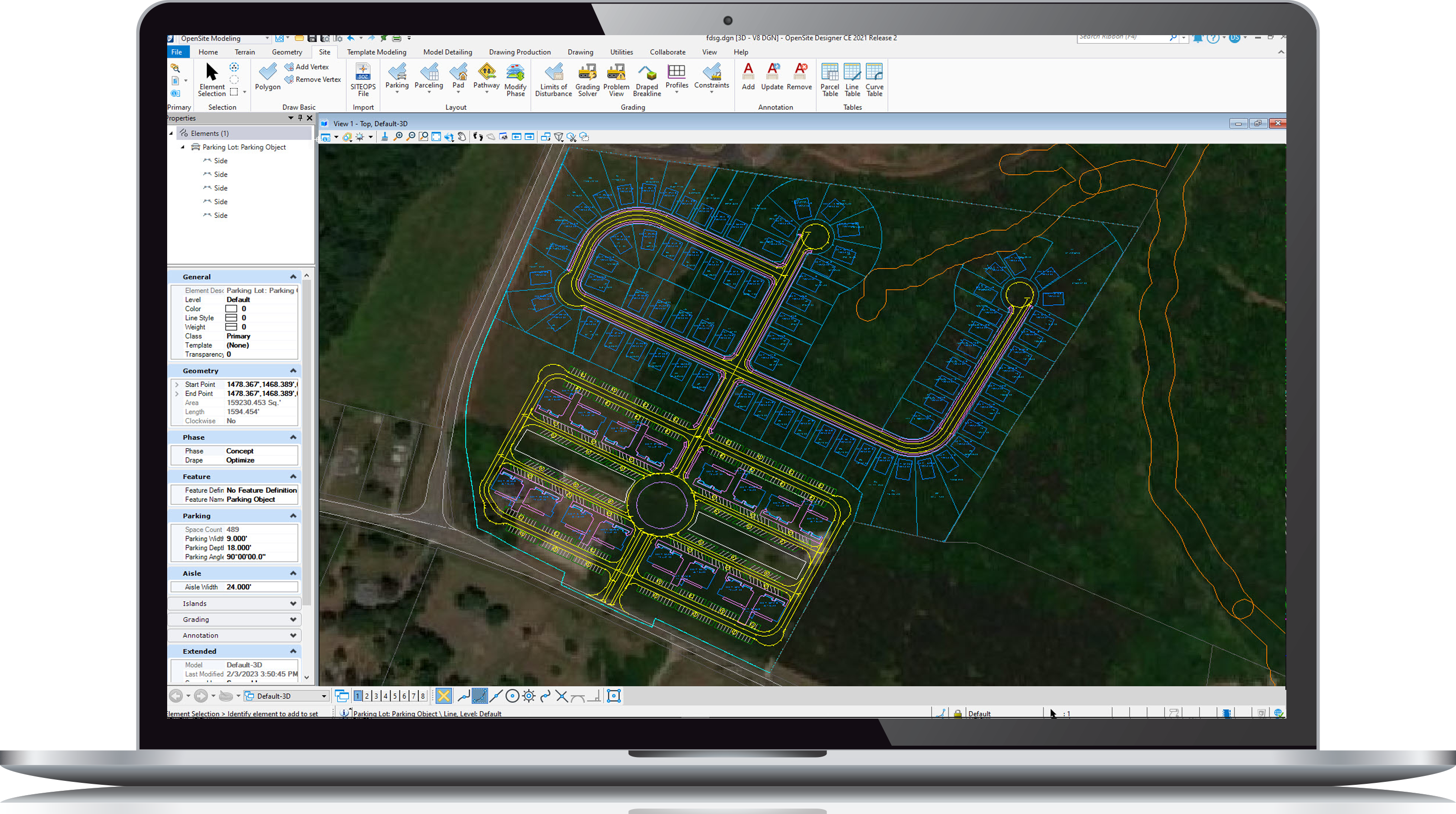 Screenshot of a computer screen displaying a civil worksuite project with an aerial map and colorful overlays of land development plans.