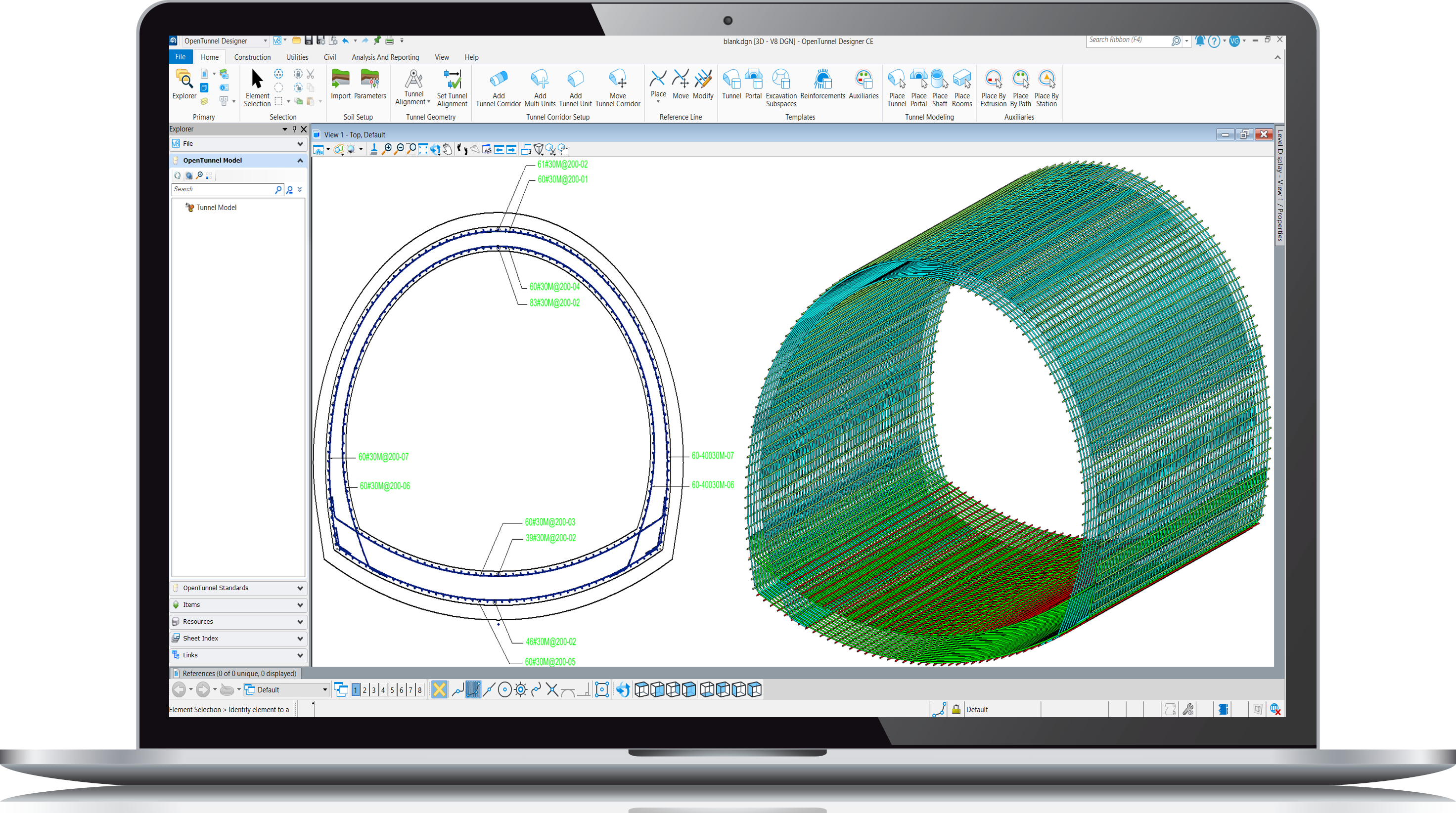A computer screen displaying Civil WorkSuite, a tunnel design software, with a 3D model of a green and blue toroidal object and its technical drawing.