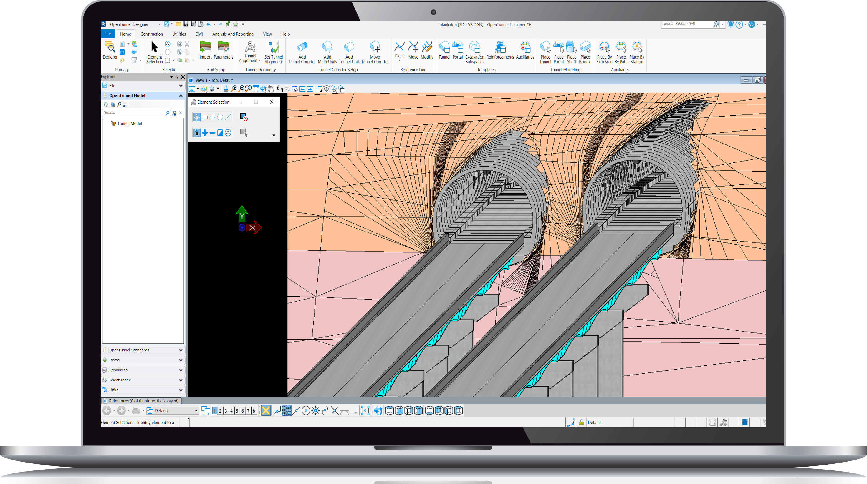 Computer screen displaying Civil WorkSuite with a 3D model of a curved escalator design project.
