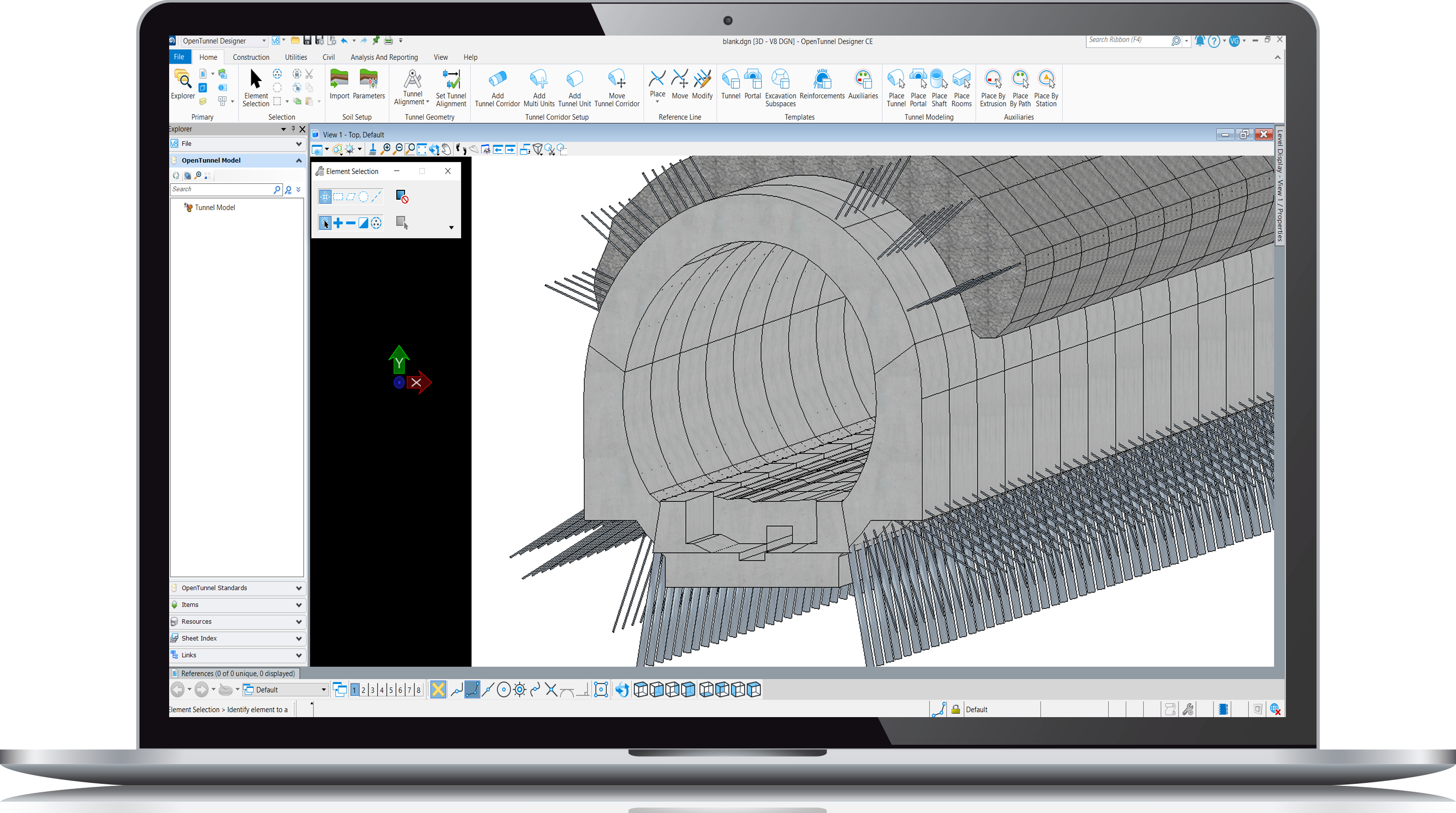 3D CAD software on a laptop screen displaying the detailed design of a tunnel, with open toolbars and a graphical interface for civil engineering.
