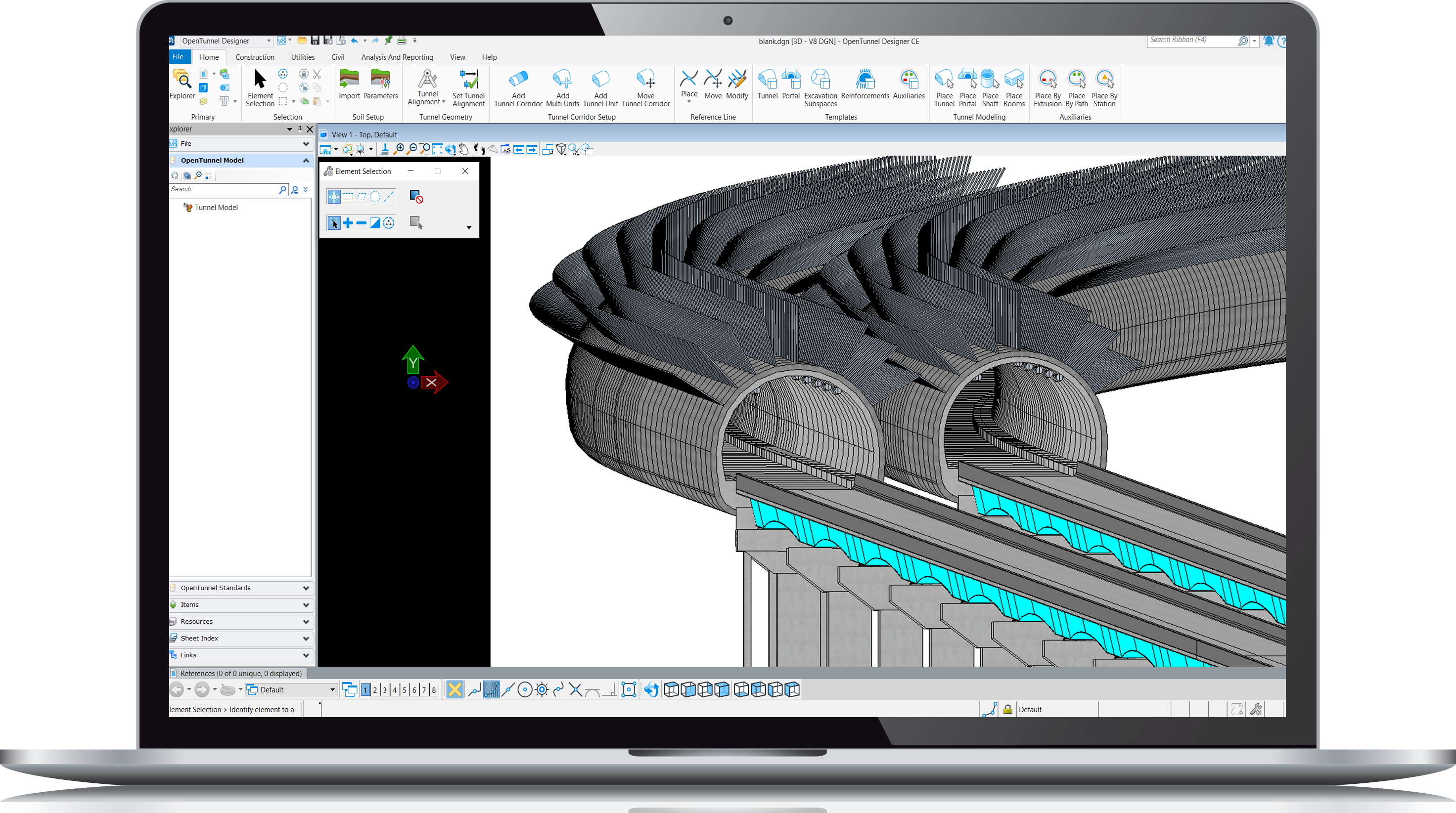 A computer screen displaying a 3D CAD model of a tunnel construction project in Civil WorkSuite, a civil engineering software interface with various toolbars.