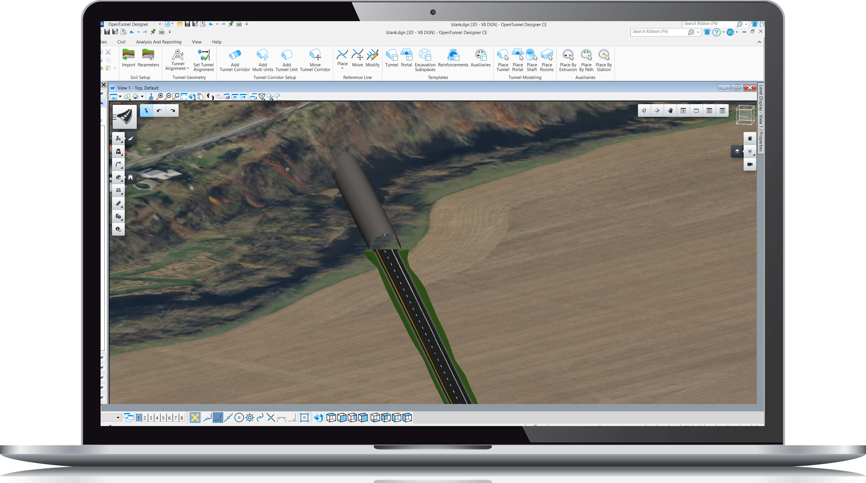 A laptop screen displaying a geographic mapping software with a 3D view of tunnels cutting through a mountainous terrain.
