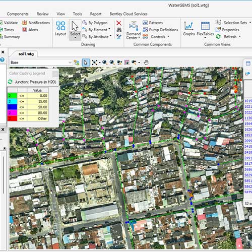 A screenshot of Bentley WaterGEMS software displaying a map of an urban area with colored symbols indicating water pressure levels in the pipeline network.