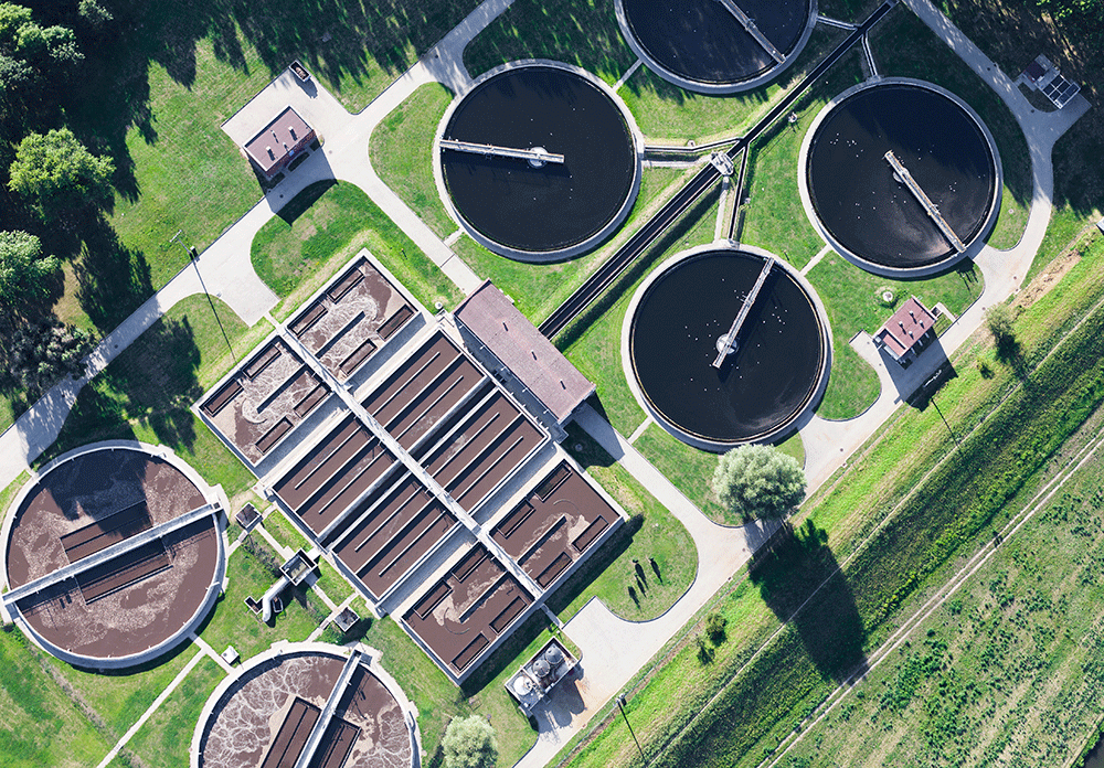 An important aerial view of a wastewater treatment plant.