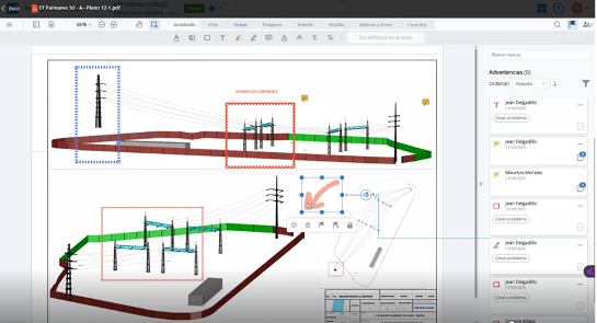 Screenshot of a PDF editor displaying an electrical plan with marked areas, comment boxes, and a list of user comments on the right sidebar—highlighting the ItresE Partner Spotlight in action.