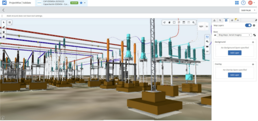 3D engineering model of an electrical substation with various colored components, structural supports, and a settings panel visible on the right side of the screen. This detailed visualization showcases ItresE’s advanced design capabilities as part of our Partner Spotlight series.