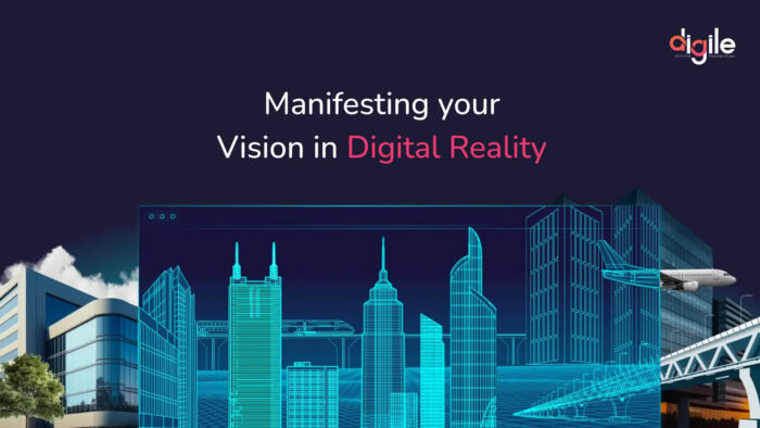 A digital illustration of a city skyline with the text "Manifesting your Vision in Digital Reality," featuring the Agilie logo and a Partner Spotlight with Digile in the top right corner.