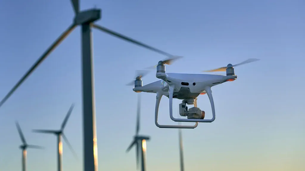 A white quadcopter drone flies near large wind turbines at sunset, with a clear sky in the background.