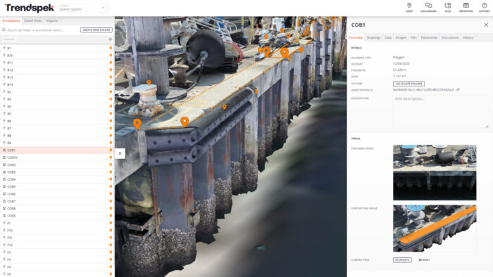 Digital inspection interface by Trenspek showing dock infrastructure with annotated points along the pier edge and detailed sidebar information about each inspection area. Featured in our latest Partner Spotlight.