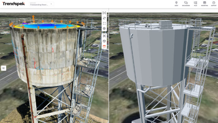 Side-by-side comparison of a 3D scan (left) and a digital model (right) of a cylindrical water tower by Trenspek, featuring exterior stairs and railings. Part of our Partner Spotlight series. | Bentley Systems | Infrastructure Engineering Software Company Side-by-side comparison of a 3D scan (left) and a digital model (right) of a cylindrical water tower by Trenspek, featuring exterior stairs and railings. Part of our Partner Spotlight series.