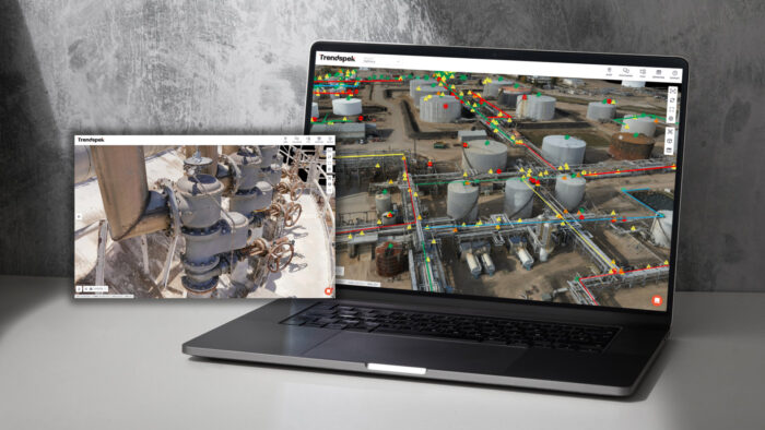 A laptop displays an industrial site map with colored markers; an inset shows a close-up of mechanical equipment within the site, highlighting Trenspek’s innovative solutions in this Partner Spotlight.