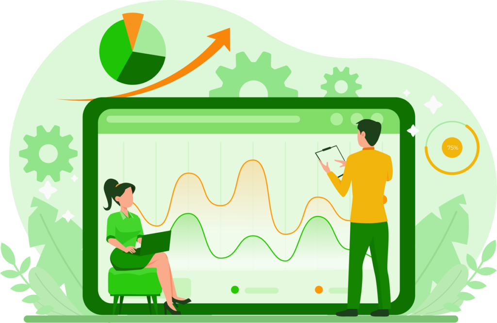 Ein Mann und eine Frau führen auf einem Laptop und Klemmbrett eine digitale Indexprüfung durch, im Hintergrund ist ein großer Bildschirm mit Diagrammen.