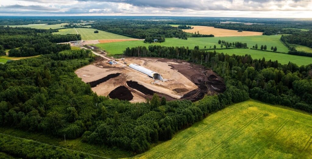 Aerial view of a construction site with earthworks and a large structure at the center, showcasing transportation infrastructure surrounded by green fields and dense forest.