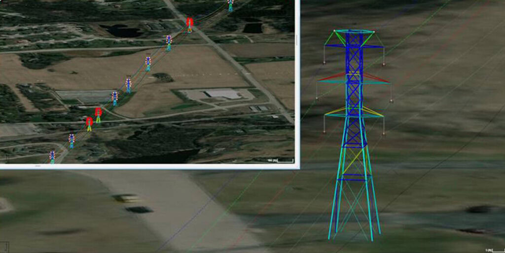 A digital map displays a series of utility pole locations, with an adjacent 3D wireframe model of a transmission tower overlaid on an aerial landscape, empowering software to predict failures across the power grid.