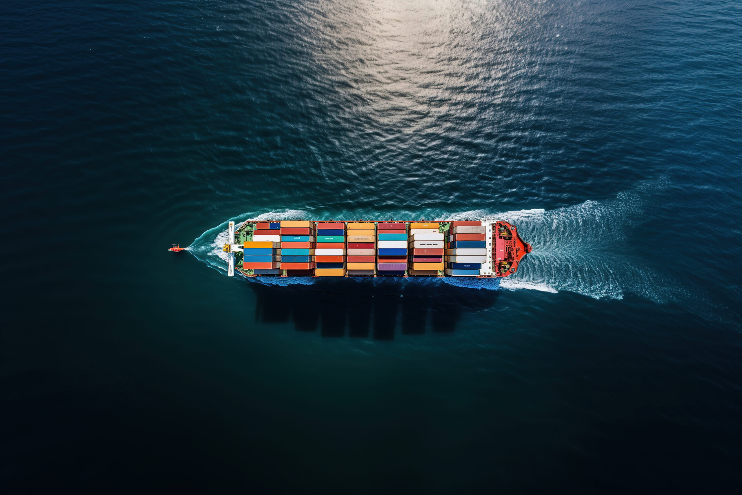 A large cargo ship, expertly designed for efficiency, carries colorful shipping containers as it moves through calm, dark blue ocean water near major ports, viewed from above.