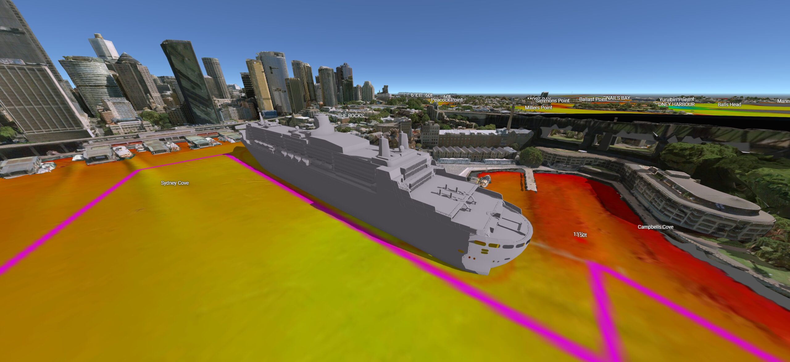 3D model of a large cruise ship docked at a city port, with a multicolored heatmap overlay on the water showing operations activity and tall buildings in the background.
