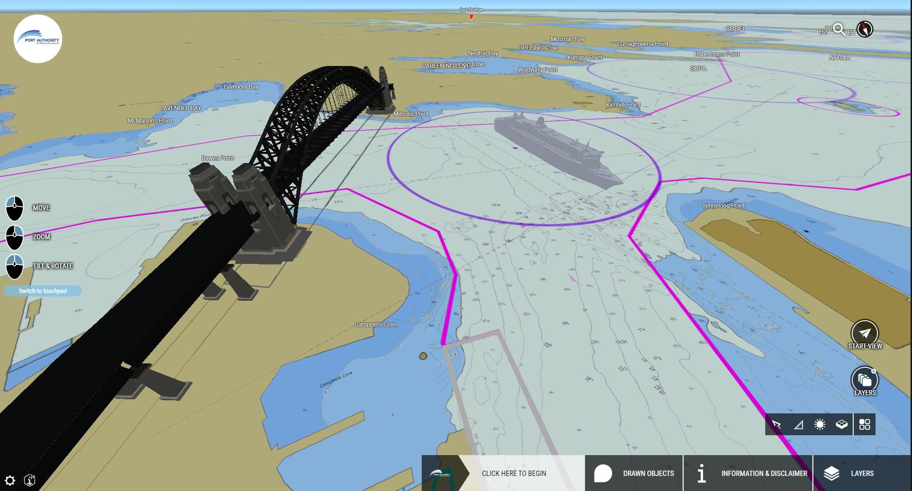 3D digital map showing a bridge over water, navigation routes marked in pink, with a ship within a circular boundary on the sea chart near major ports, highlighting maritime operations.