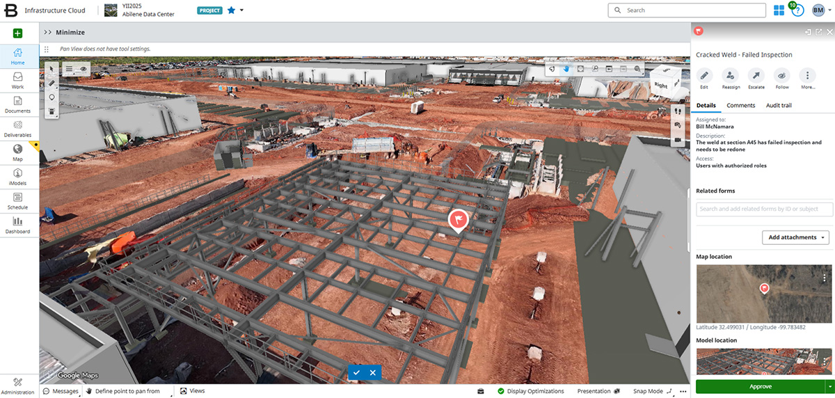 A 3D digital model of a construction site with steel framework, soil, and building materials, displayed in inspection software with detail and location panels on the right.
