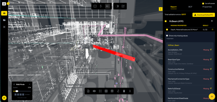 A 3D BIM model interface displays complex piping and structural elements with a red arrow pointing to a specific section; a sidebar lists missing property data and validation errors.