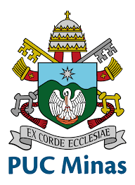 The official emblem of PUC Minas, a distinguished School Logo in LAT AM education, features a crest with a pelican, a star, crossed keys, a papal tiara, and the motto "Ex Corde Ecclesiae" below.