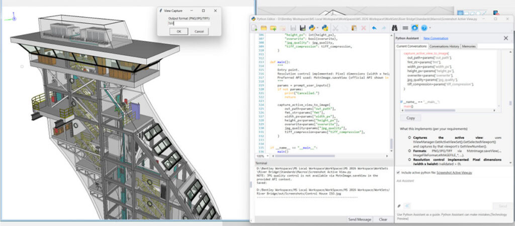 A computer screen displays MicroStation 2026 architectural modeling software with a building section on the left and Python code for image processing on the right.