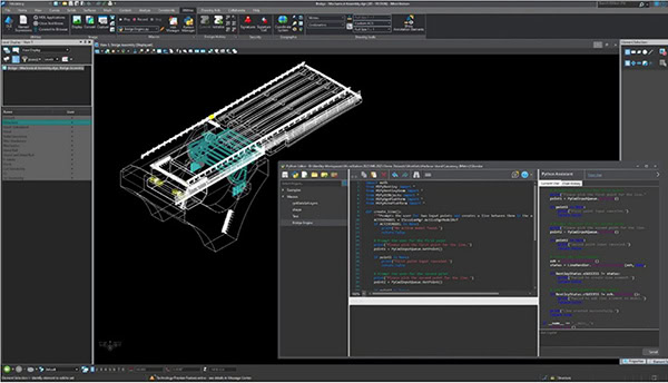 Computer screen displaying a 3D CAD model on CAD software, with a coding window open showing Python script for automation—perfect for tasks in platforms like Bentley Systems' MicroStation 2026.