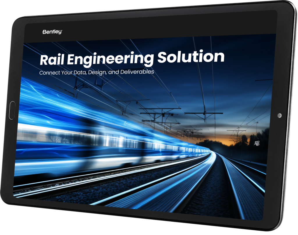 A tablet showcases a "Rail Engineering Solution" advertisement, featuring a blurred image of a high-speed train at dusk, embodying the spirit of resilient infrastructure.