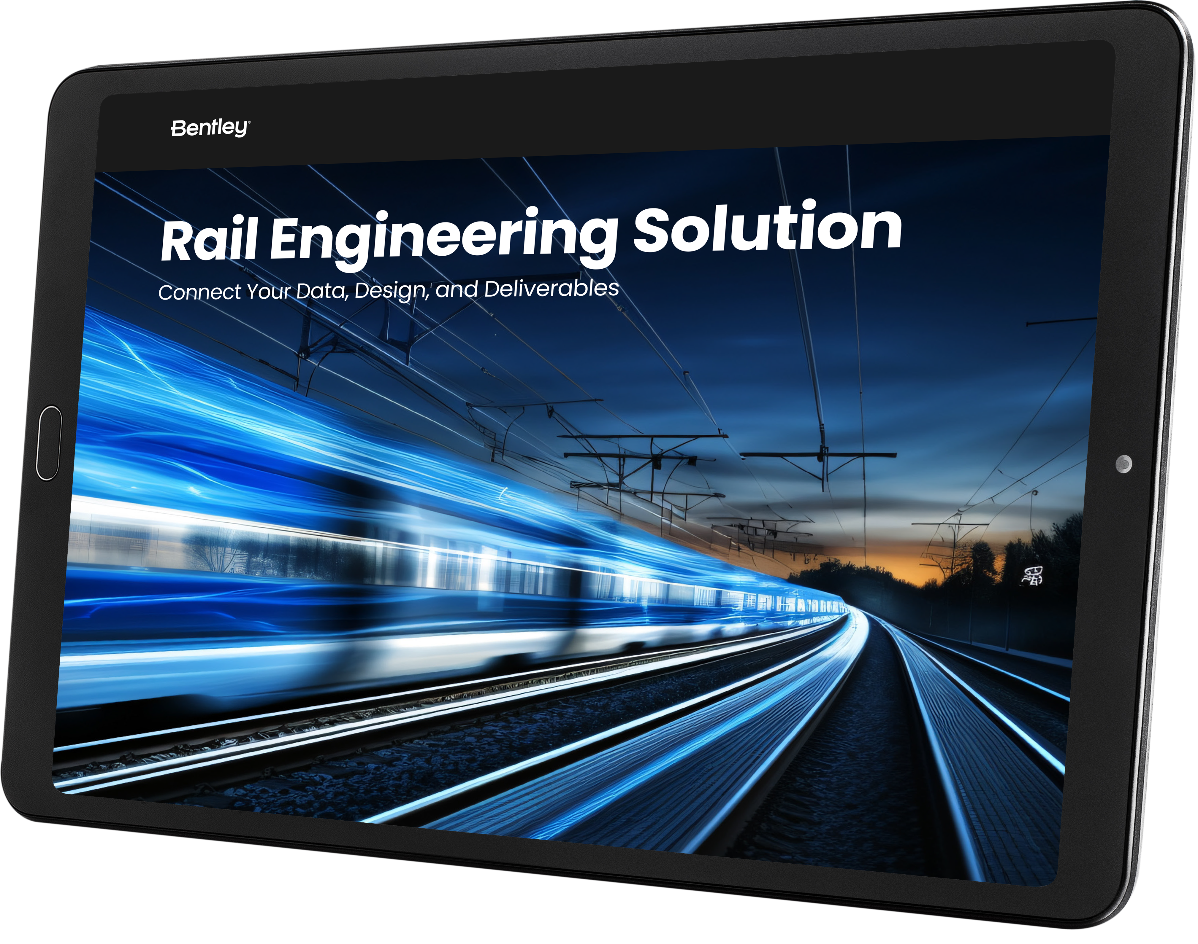 A tablet showcases a "Rail Engineering Solution" advertisement, featuring a blurred image of a high-speed train at dusk, embodying the spirit of resilient infrastructure.